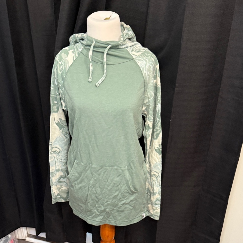 Women's Merino Wool Green Hoodie with Patterned Sleeves